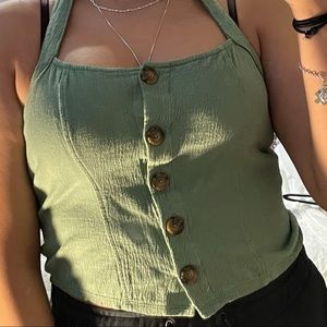 tilly’s green open back button up crop halter top